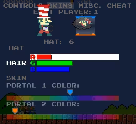 Mari0's options screen allows the user to customize the character's appearance and portal color, as well as controls and cheats (which must be unlocked).