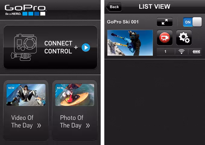 Screenshots of GoPro iOS App