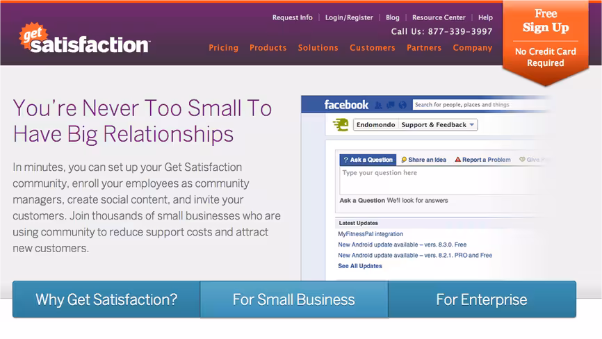Get Satisfaction free plan website screenshot