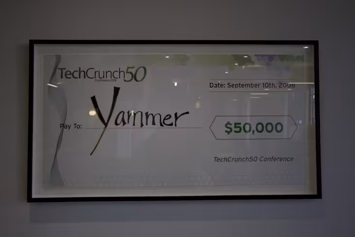 On a wall, Yammer has hung its TechCrunch50 award.