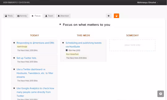 The Focus tab shows the day's crticial action items