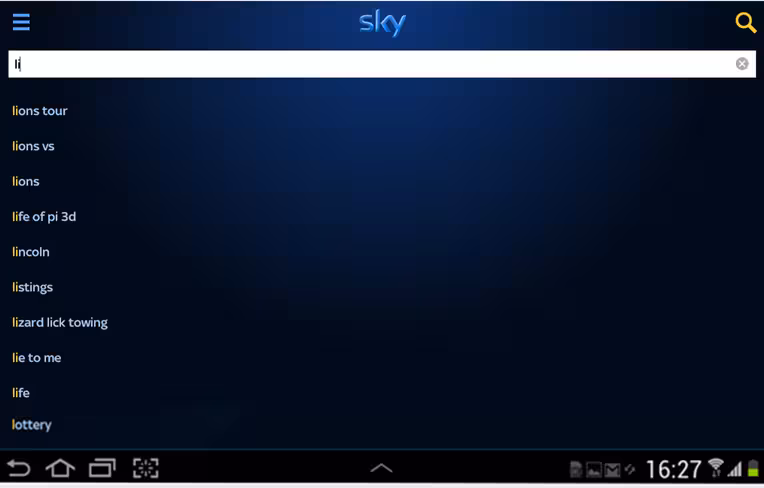 Sky Plus App - Android Search Lions Rugby