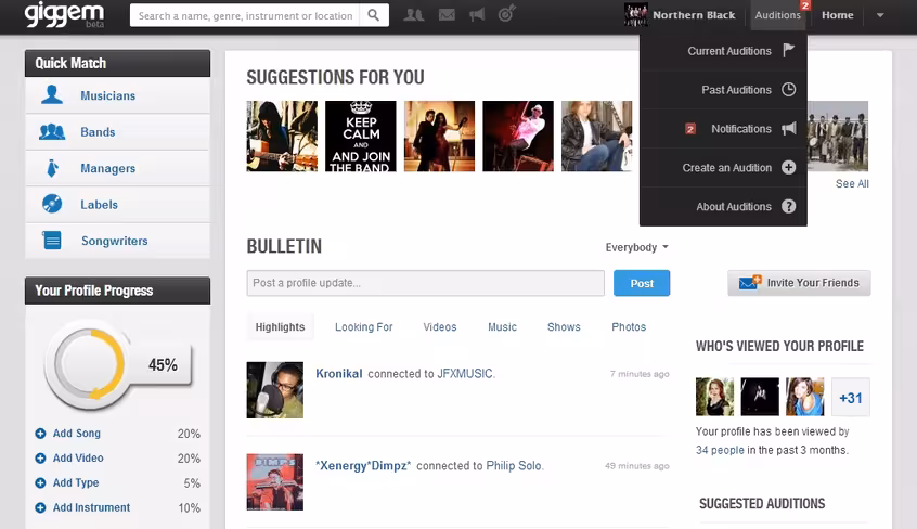 Suggested Auditions on Homepage