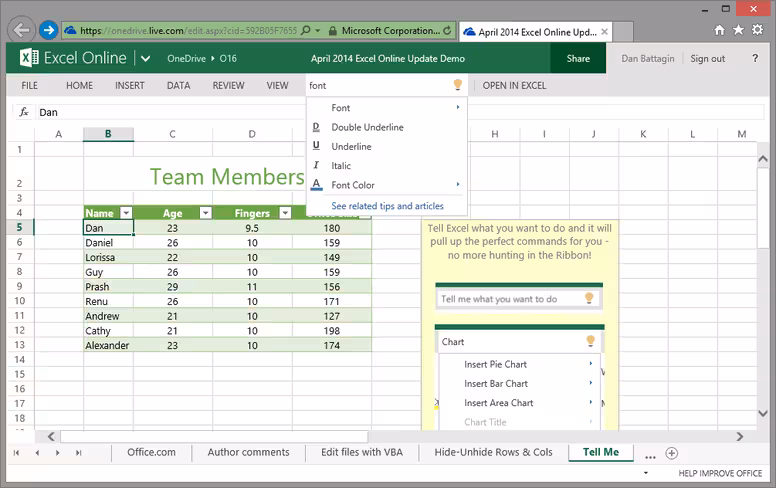 2014-04-08 Excel Blog - Excel Online Feature Update - Tell Me Integration