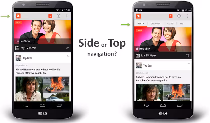 Side or top navigation drawer for mobile