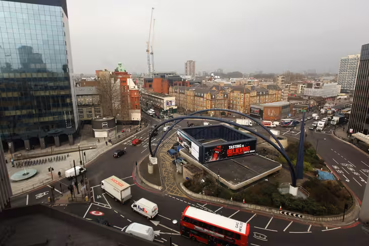 Old Street roundabout, the iconic center, if not actual center of 'Tech City' in London. Image via Getty Images.