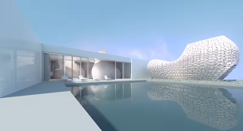 “View towards pool and 3D printed cabana” by Emerging Objects