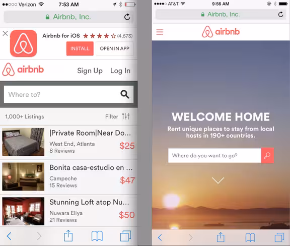 Left: Old Airbnb Mobile Homepage, Right: New Airbnb Mobile Homepage