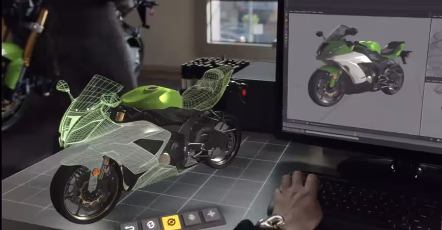 A scene from a HoloLens demo reel showing industrial design applications