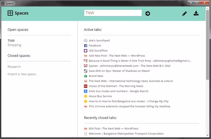 Spaces screen