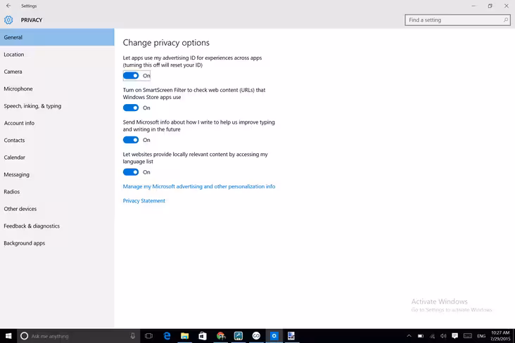 Where to go to kill the ad tracking ID in Windows 10…