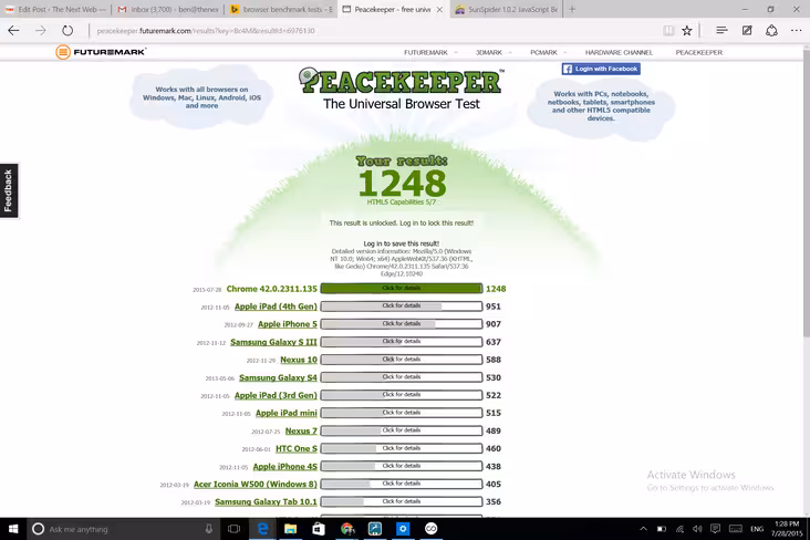 Microsoft Edge browser performance test on Futuremark Peacekeeper 