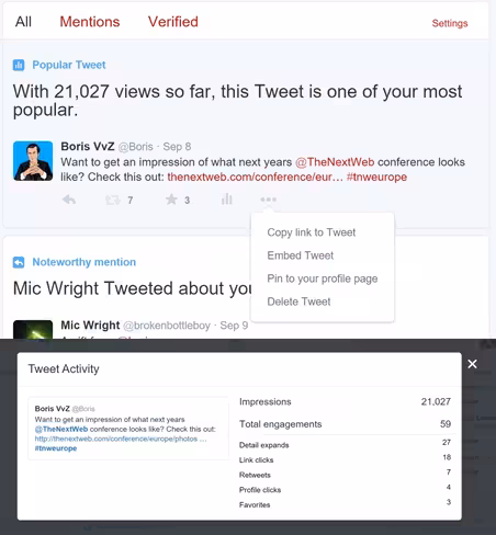 A popular tweet with an option to view detailed analytics (top); Detailed analytics for the tweet (bottom)