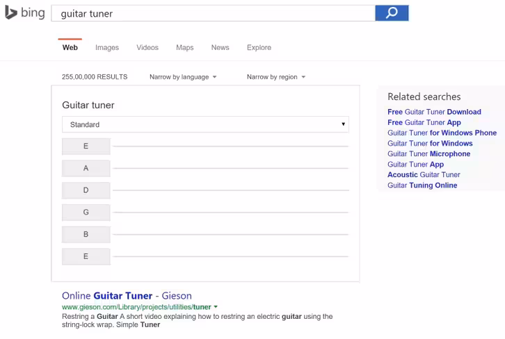 Bing's guitar tuner is basic, but gets the job done