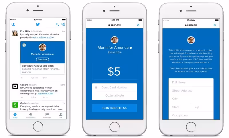Candidates can sign up to Square's program and tweet actionable requests for donations