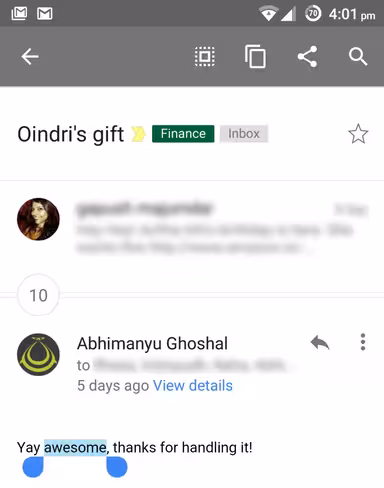 Selecting text in Android brings up a handy toolbar at the top of the screen
