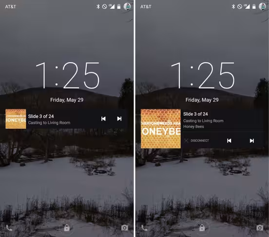 Slides now has a lock screen notification to control presentations (left); Swipe down to reveal an option to exit your presentation (right)