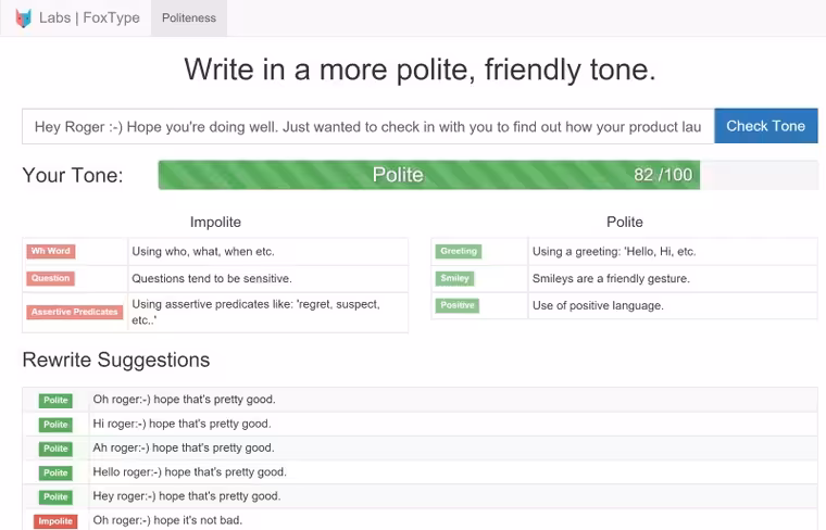 FoxType suggests alternative words and ways to rewrite your email to make it sound more polite