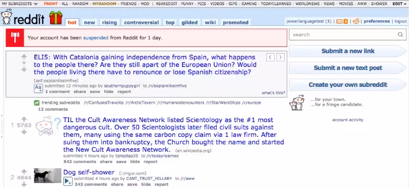 Reddit suspension notifications will show up on users' front pages and inboxes