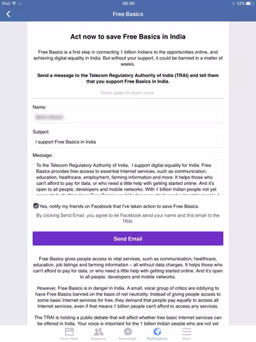 Facebook sent users a notification asking them to support Free Basics in India with the push of a button