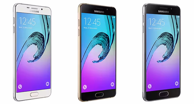 Samsung's Galaxy A7 (left) and A5 (center) offer Samsung Pay support; the A3 (right) does not