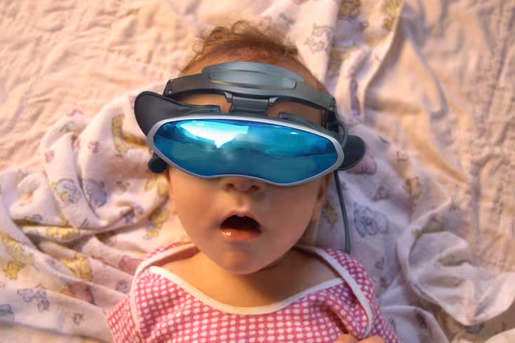 Baby wearing virtual reality goggles