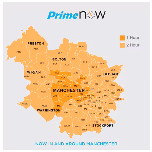 Amazon one-hour delivery is constrained by factors like warehouse location and traffic patterns.