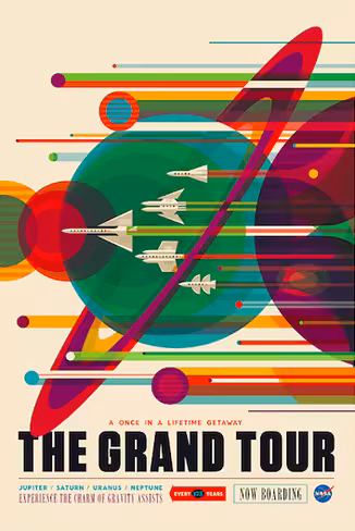 The Grand Tour offers a journey from earth to Jupiter, Saturn, Uranus and Neptune, but only every 175 years so it really is a once in a lifetime opportunity. The poster is essentially showcasing a holiday version of NASA's Voyager mission, which used the once-every-175-year alignment of the planets to go on its own grand tour of our solar system.