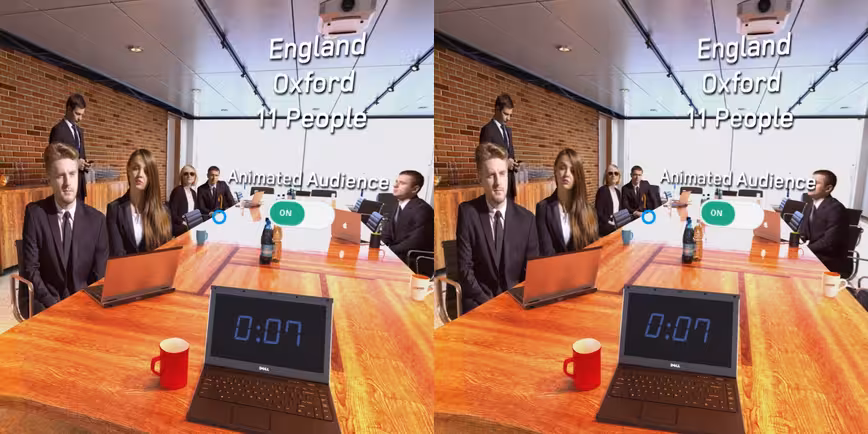 The app puts your in a conference room or auditorium complete with presentation screen, timer and audience
