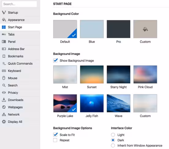 Vivaldi settings the next web