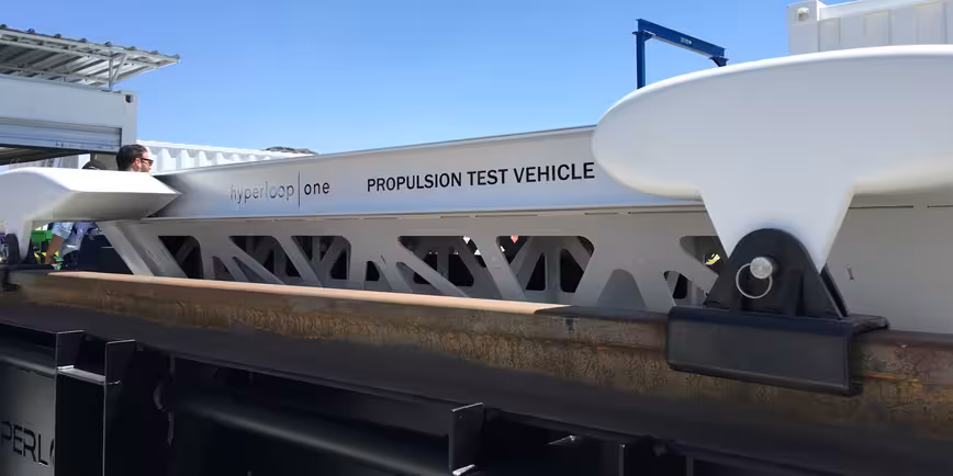 A mockup of the sled used in Hyperloop One's Propulsion test