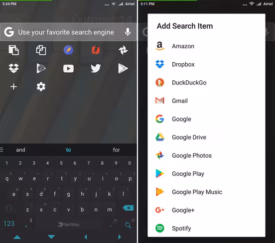 The search overlay pops up with configurable search engines and shortcuts (left); You can choose your preferred engines from a list (right)