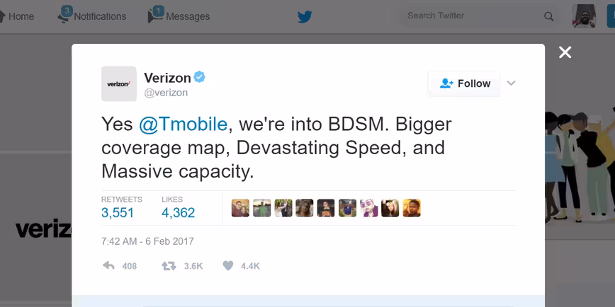 Verizon and T-Mobile engaged in a bondage-themed Twitter battle during the Super Bowl