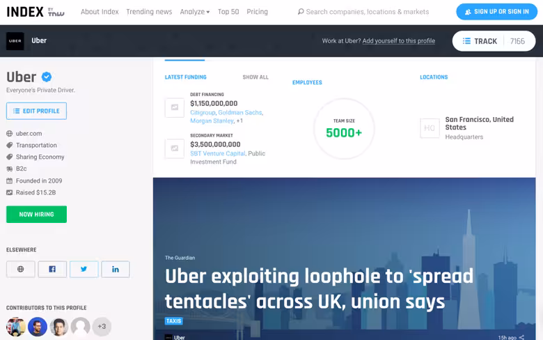 Index company profile page Uber funding