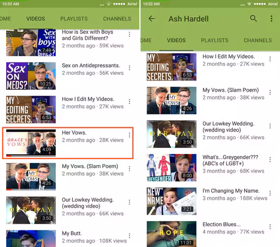 YouTuber Ash Hardell's video 'Her Vows' can be viewed normally on YouTube, but not in Restricted Mode (right)