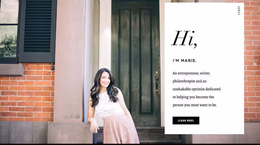 Marie Forleo’s personal website is an excellent example of how to use high-quality imagery to make a strong positive impact.