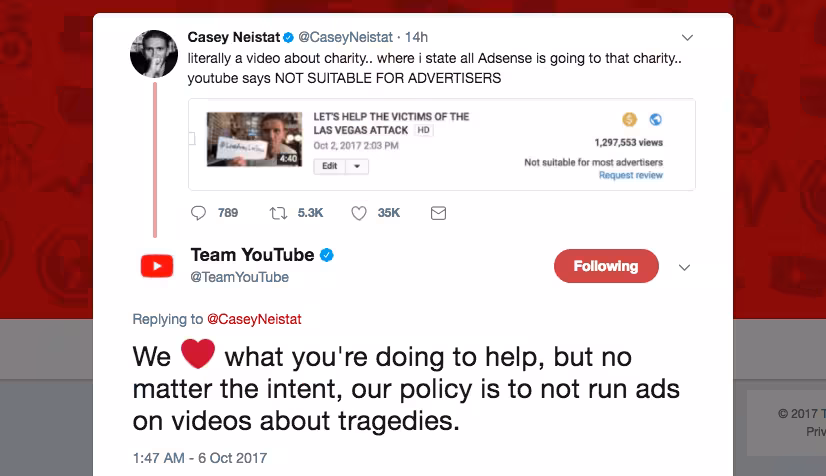YouTube pulls ads from Casey Neistat video raising funds for the Las Vegas victims