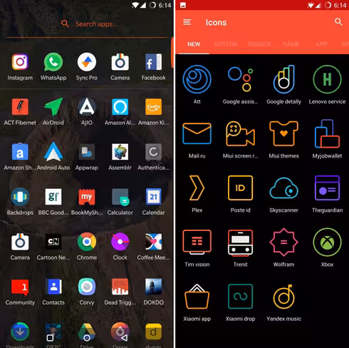Frozy icons in action (left) and TwoPixel's icon pack app (right)