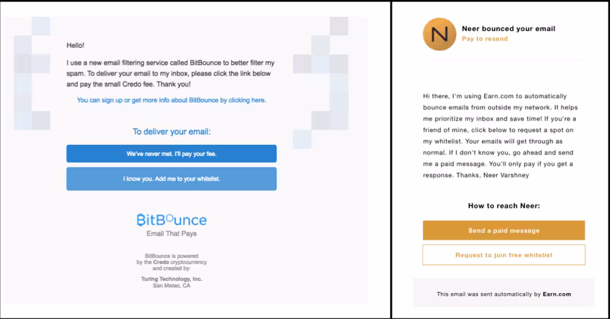 The auto-response emails from BitBounce and Earn.com respectively.