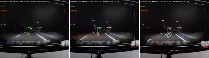 Images from a video feed watching a TV monitor showing the clip released by the police. The overlaid graphics show the Mobileye ADAS system response. The green and white bounding boxes are outputs from the bicycle and pedestrian detection modules. The horizontal graph shows the boundary between the roadway and physical obstacles