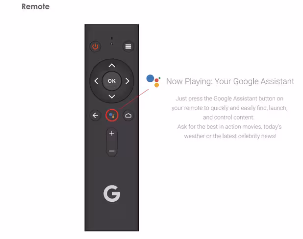 A page from the device's manual details a remote with support for voice commands