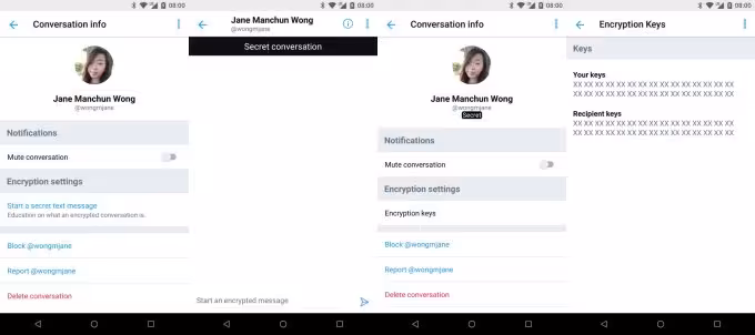 Screenshots from Twitter's Android app showing the 'Secret conversation' feature along with encryption keys; discovered by Jane Manchun Wong