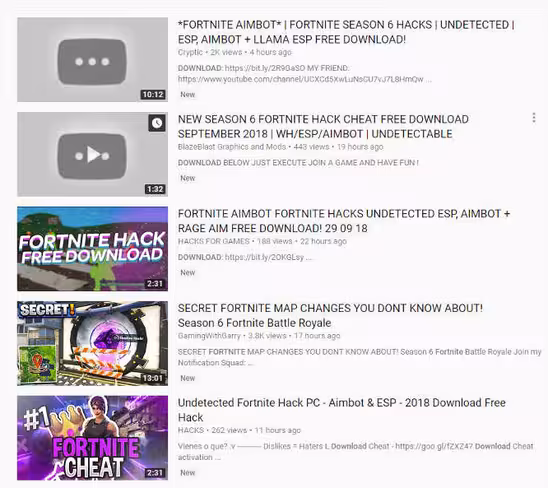 YouTube Fortnite, malware, hacks