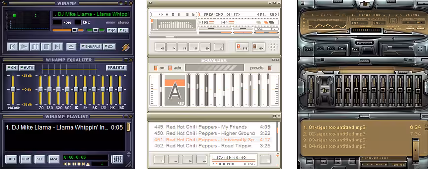 Winamp 2's base interface (left), AES skin by mattnagy (center), Amber skin by kriptoner (right)