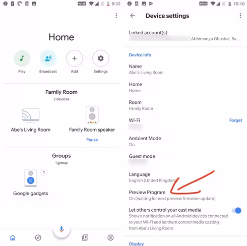 You'll need to join the Preview Program (in Settings, shown on the right) before you can add a Chromecast to a speaker group (left)
