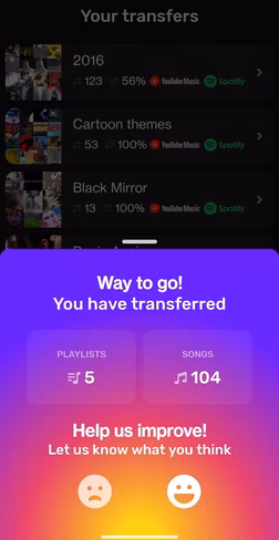 The successful transfer screen