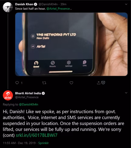 Airtel's now-deleted tweet noting that the Indian government ordered mobile internet services to be suspended