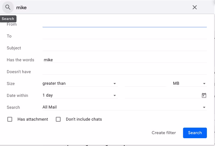 Gmail search interface