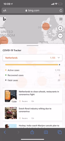 Microsoft Bing's coronavirus dashboard on mobile