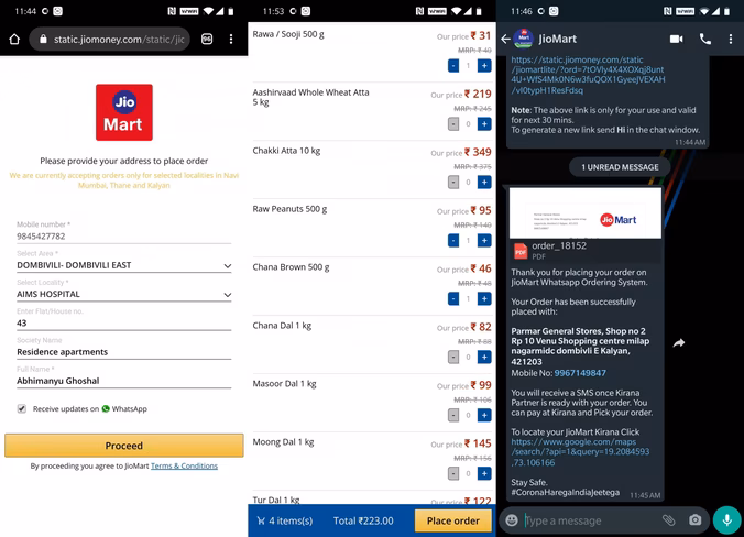 JioMart's ordering system currently lets you place orders for groceries and pick them up from a nearby store